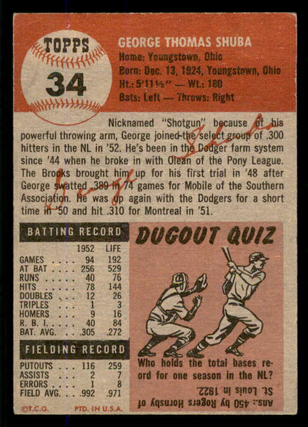 1953 Topps Baseball #034 George Shuba Dodgers EX-MT 555771