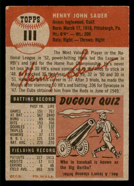 1953 Topps Baseball #111 Hank Sauer Cubs EX-MT 555784