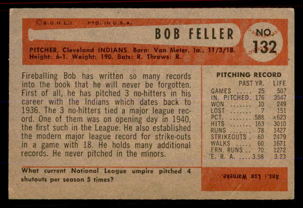 1954 Bowman Baseball #132 Bob Feller Indians VG-EX 555788