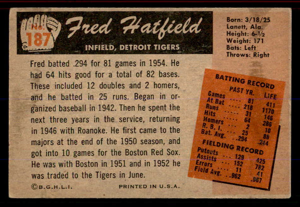 1955 Bowman Baseball #187 Fred Hatfield Tigers EX 555789