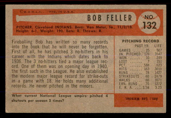 1954 Bowman Baseball #132 Bob Feller Indians VG-EX 555790