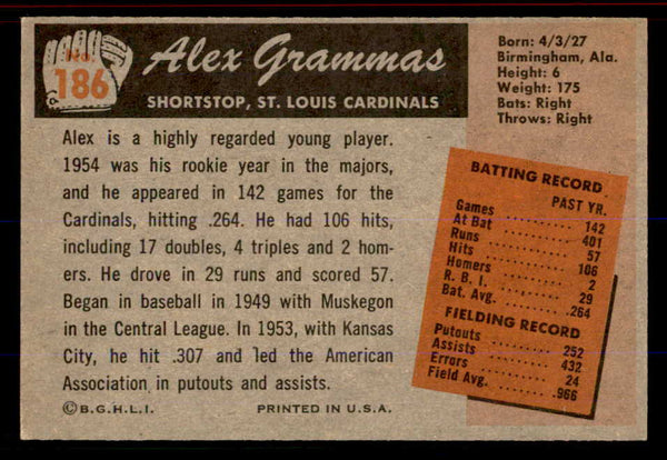 1955 Bowman Baseball #186 Alex Grammas Cardinals EX-MT 555793