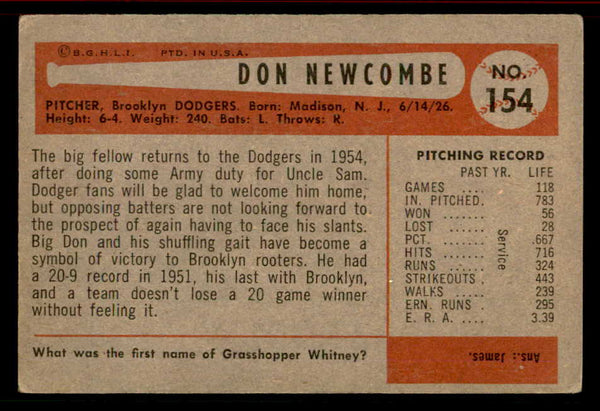 1954 Bowman Baseball #154 Don Newcombe Dodgers VG-EX 555804