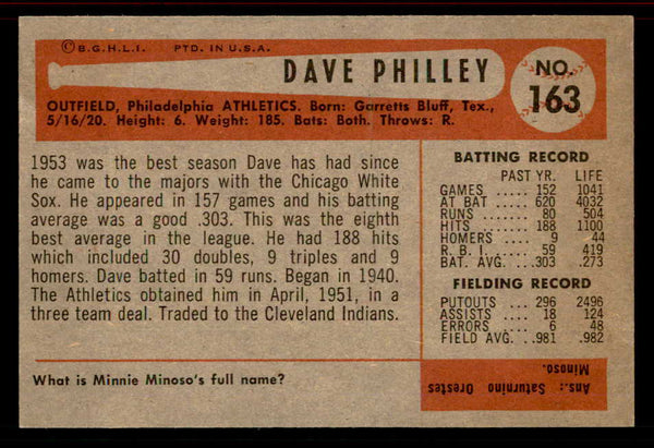 1954 Bowman Baseball #163 Dave Philley A's EX-MT Trade 555806