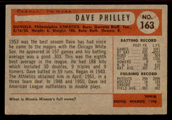 1954 Bowman Baseball #163 Dave Philley A's EX+/EX-MT No Trade 555808