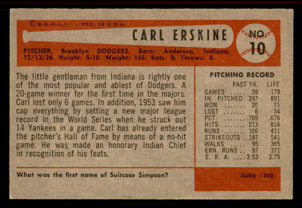 1954 Bowman Baseball #010 Carl Erskine Dodgers EX-MT/NR-MT 555809