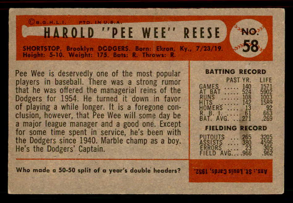 1954 Bowman Baseball #058 Pee Wee Reese Dodgers EX+/EX-MT 555821