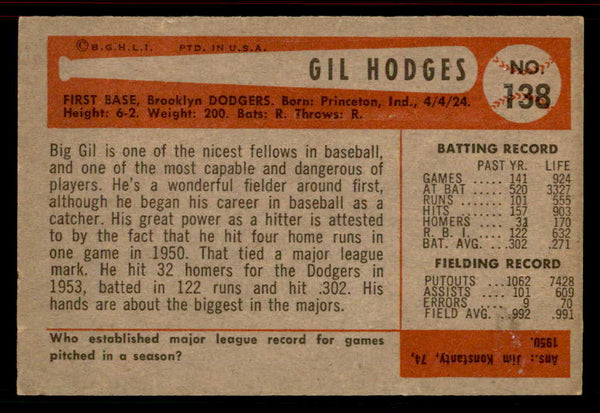 1954 Bowman Baseball #138 Gil Hodges Dodgers VG 555823