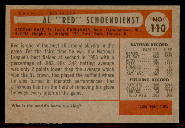 1954 Bowman Baseball #110 Red Schoendienst Cardinals EX-MT 555830