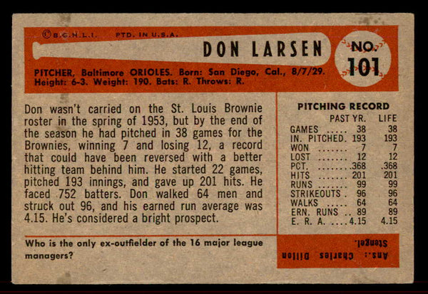1954 Bowman Baseball #101 Don Larsen Orioles EX-MT 555831