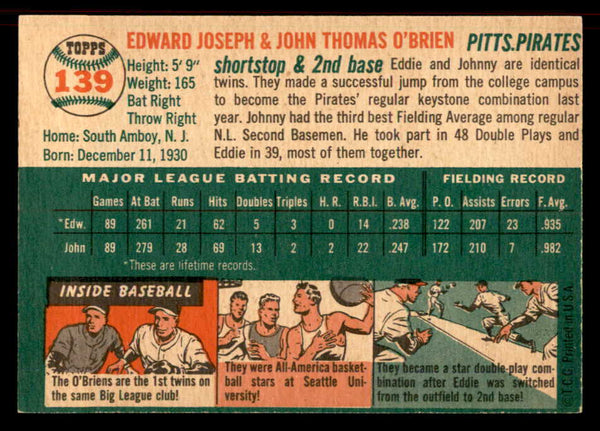 1954 Topps Baseball #139 O'Brien Brothers Pirates EX-MT 555840