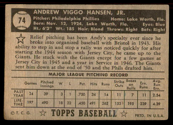 1952 Topps Baseball #074 Andy Hansen Phillies VG Black 555844