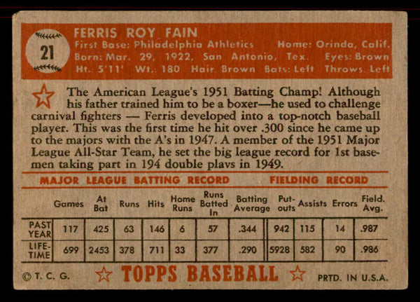 1952 Topps Baseball #021 Ferris Fain A's VG Red 555845