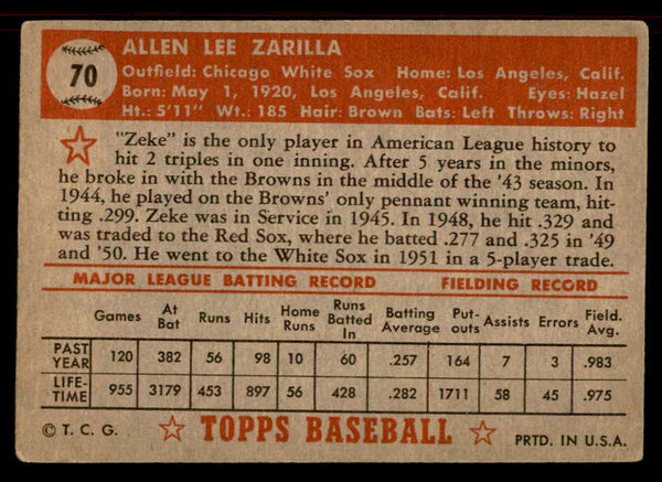 1952 Topps Baseball #070 Al Zarilla White Sox VG-EX Red 555848