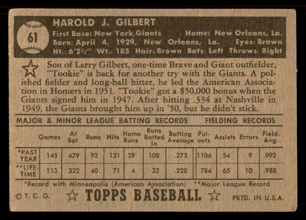 1952 Topps Baseball #061 Tookie Gilbert Giants VG-EX Black 555849
