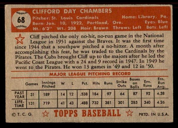 1952 Topps Baseball #068 Cliff Chambers Cardinals VG-EX Red 555850