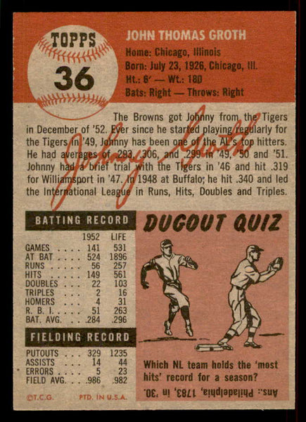 1953 Topps Baseball #036 Johnny Groth Browns VG-EX 555851