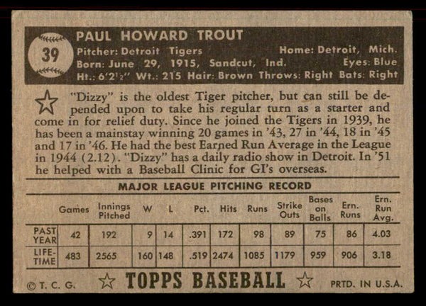1952 Topps Baseball #039 Dizzy Trout Tigers VG-EX Black 555855