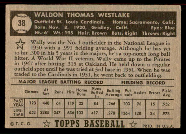 1952 Topps Baseball #038 Wally Westlake Cardinals VG-EX Black 555856