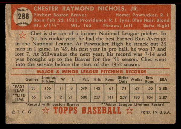 1952 Topps Baseball #288 Chet Nichols Braves VG-EX 555863