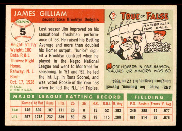 1955 Topps Baseball #005 Jim Gilliam Dodgers EX-MT 555865