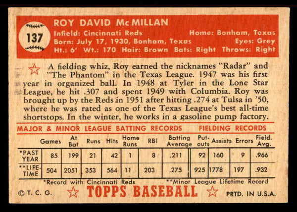 1952 Topps Baseball #137 Roy McMillan Reds EX-MT 555866