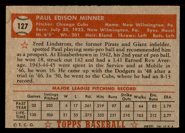 1952 Topps Baseball #127 Paul Minner Cubs EX-MT 555871
