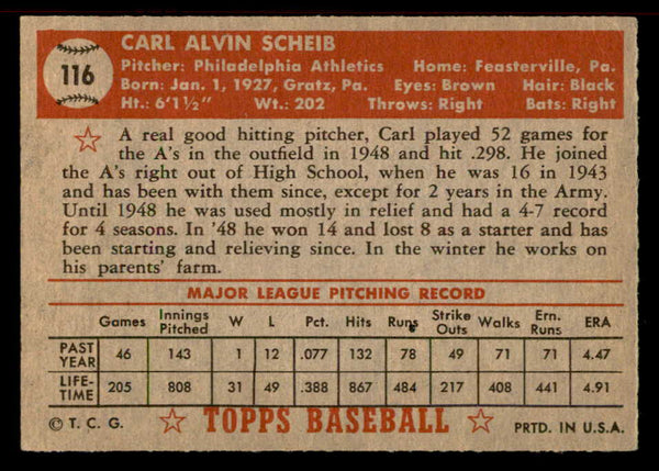 1952 Topps Baseball #116 Carl Scheib A's EX-MT 555873