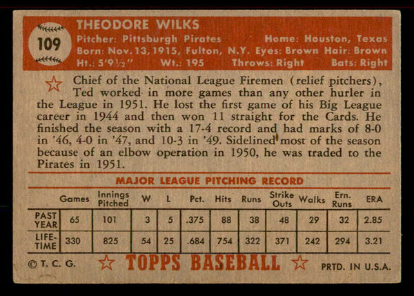 1952 Topps Baseball #109 Ted Wilks Pirates EX-MT 555874