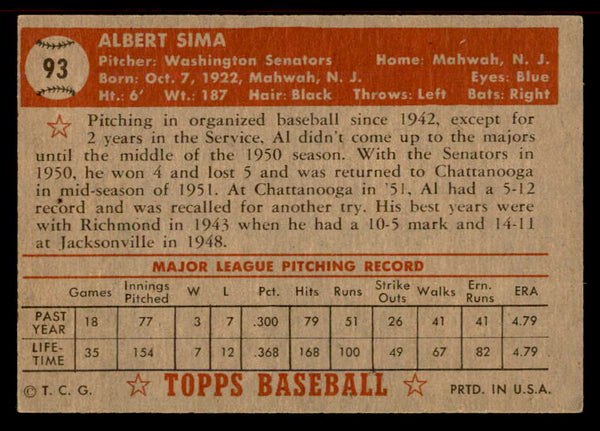 1952 Topps Baseball #093 Al Sima Senators EX-MT 555877