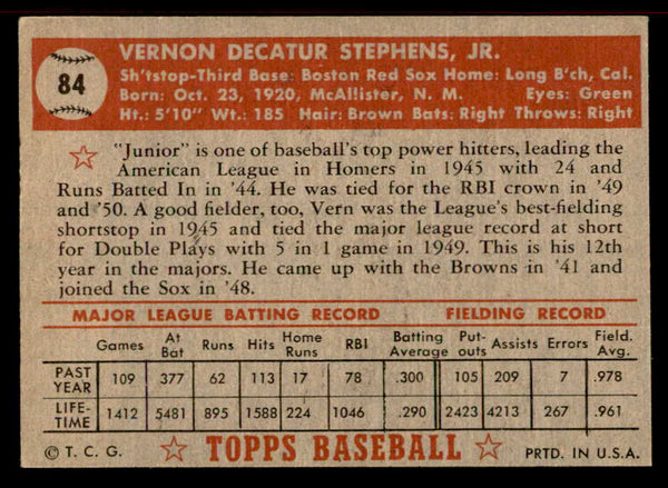 1952 Topps Baseball #084 Vern Stephens Red Sox EX-MT 555878