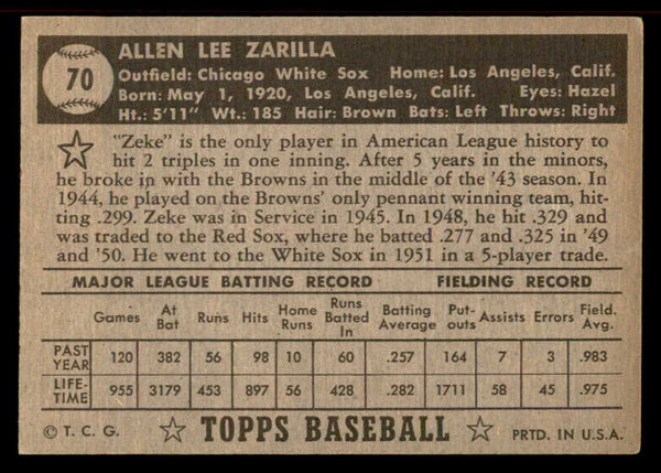 1952 Topps Baseball #070 Al Zarilla White Sox EX-MT Black 555880