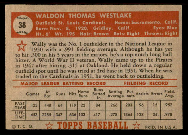 1952 Topps Baseball #038 Wally Westlake Cardinals EX-MT Red 555883