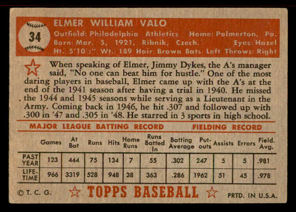 1952 Topps Baseball #034 Elmer Valo A's EX-MT Red 555884