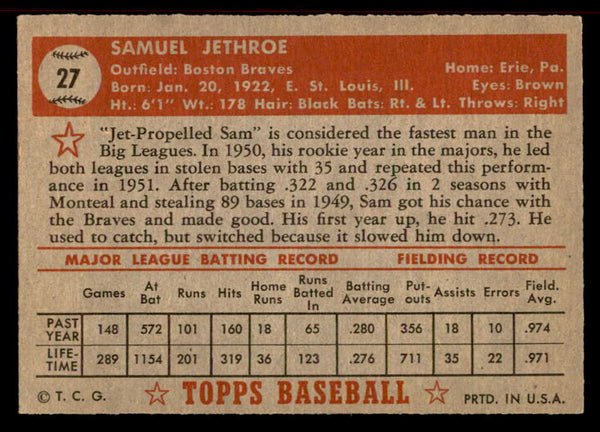 1952 Topps Baseball #027 Sam Jethroe Braves EX-MT Red 555885