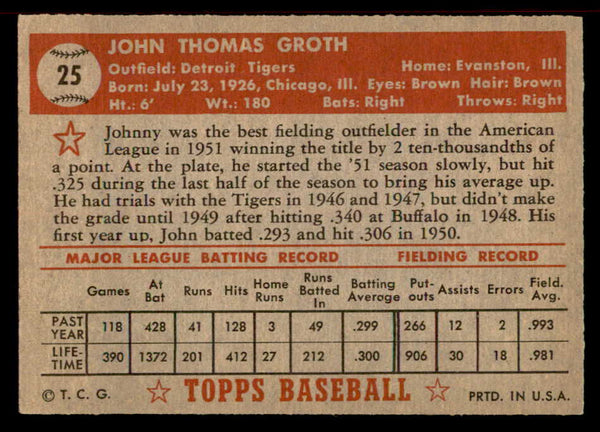 1952 Topps Baseball #025 Johnny Groth Tigers EX-MT Red 555886