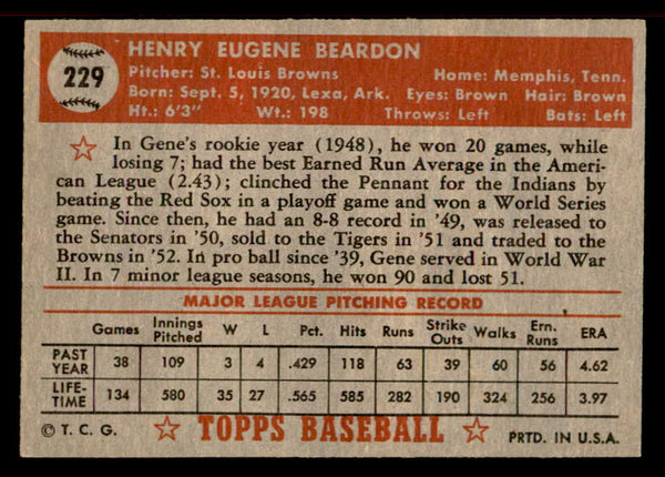 1952 Topps Baseball #229 Gene Bearden Browns EX-MT 555887
