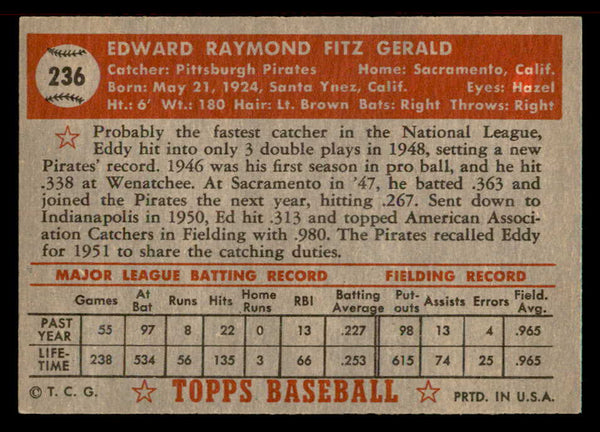 1952 Topps Baseball #236 Ed Fitzgerald Pirates EX+/EX-MT 555888