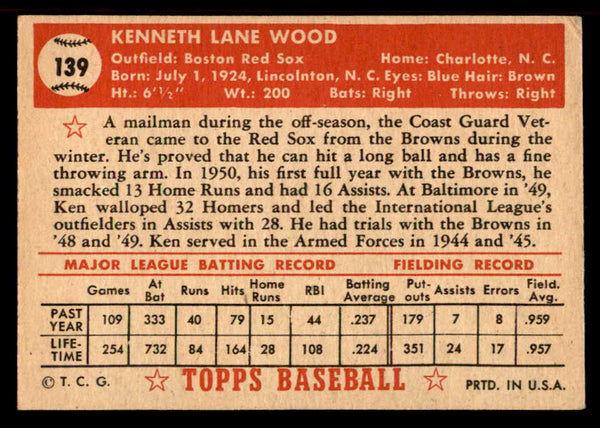 1952 Topps Baseball #139 Ken Wood Red Sox EX+/EX-MT 555890