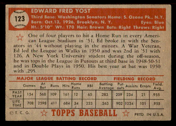 1952 Topps Baseball #123 Eddie Yost Senators EX+/EX-MT 555891