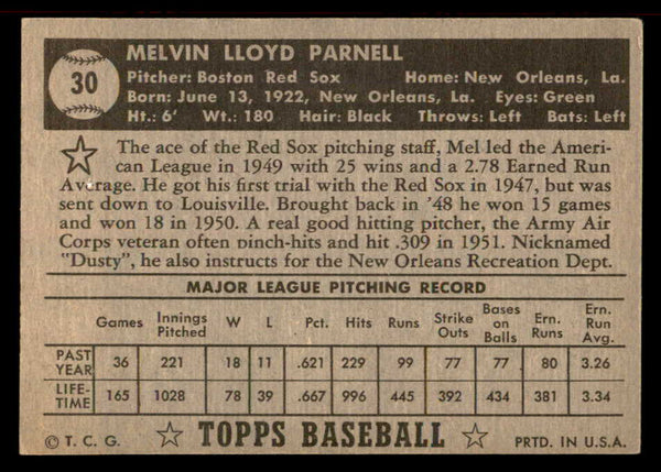 1952 Topps Baseball #030 Mel Parnell Red Sox EX+/EX-MT Black 555893