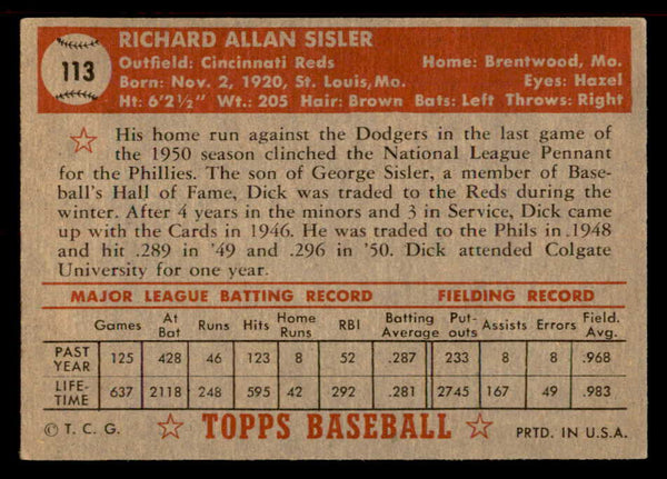 1952 Topps Baseball #113 Dick Sisler Reds VG-EX 555896