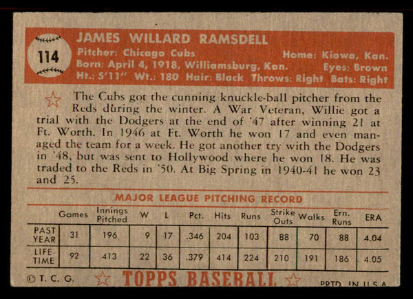 1952 Topps Baseball #114 Willard Ramsdell Cubs VG-EX 555897