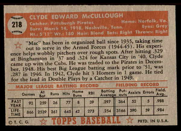 1952 Topps Baseball #218 Clyde Mccullough Pirates VG-EX 555899