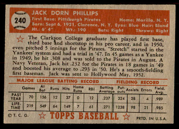 1952 Topps Baseball #240 Jack Phillips Pirates EX-MT 555901
