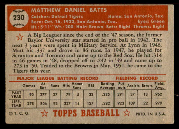 1952 Topps Baseball #230 Matt Batts Tigers EX-MT 555902