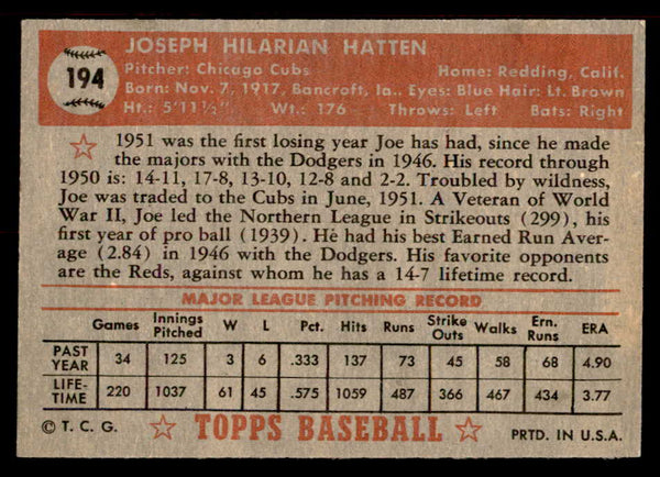 1952 Topps Baseball #194 Joe Hatten Cubs EX-MT 555904