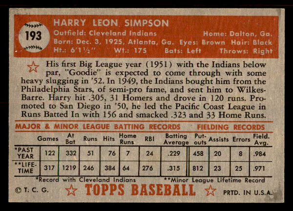 1952 Topps Baseball #193 Harry Simpson Indians EX-MT 555905
