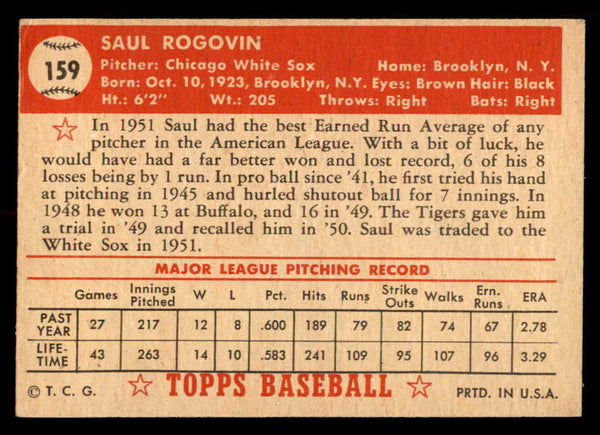 1952 Topps Baseball #159 Saul Rogovin White Sox EX-MT 555909