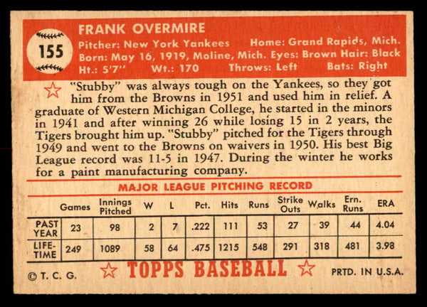 1952 Topps Baseball #155 Frank Overmire Yankees EX-MT 555910